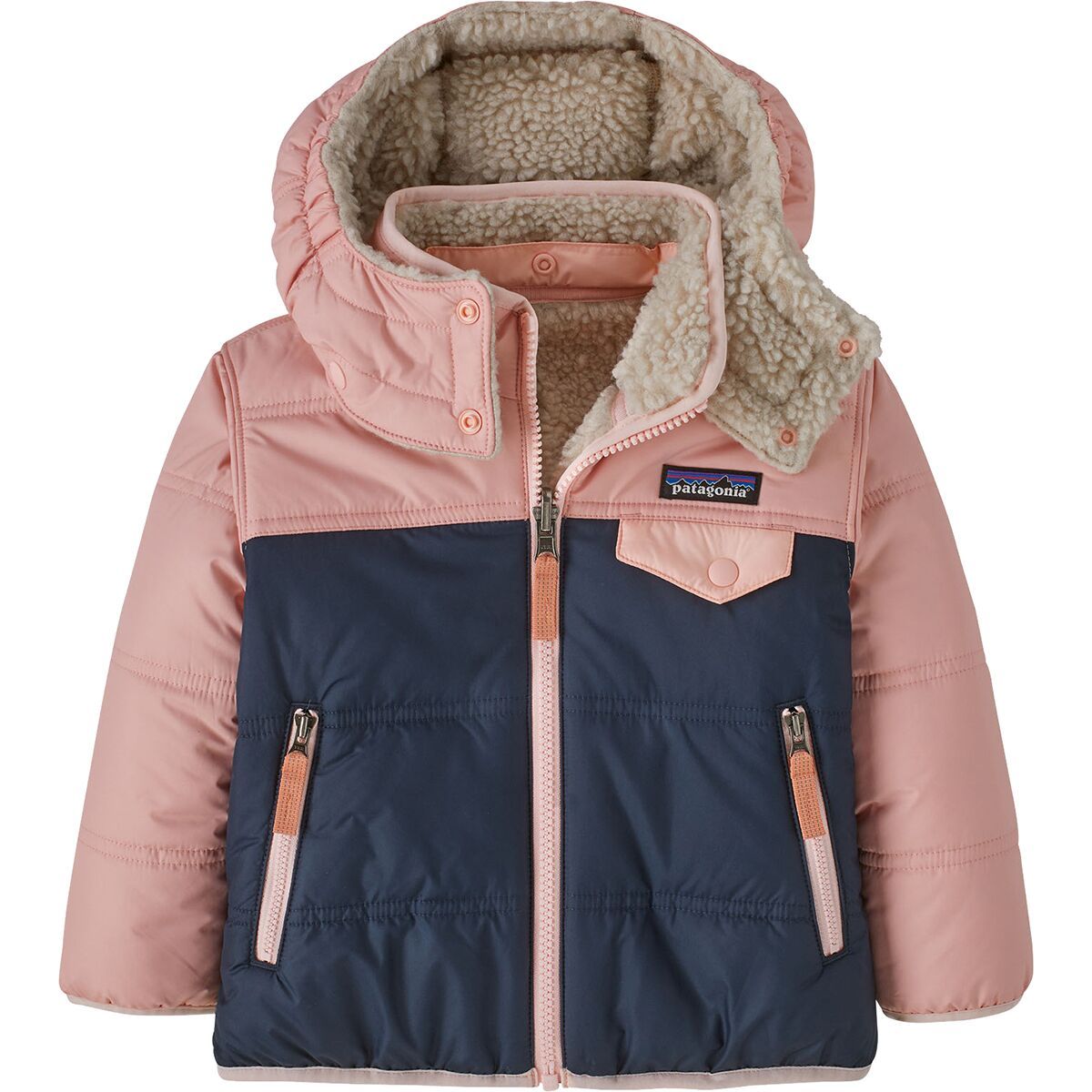Image of Patagonia Reversible Tribbles Hooded Jacket - Infants' New Navy/Mallow Pink, 6M
