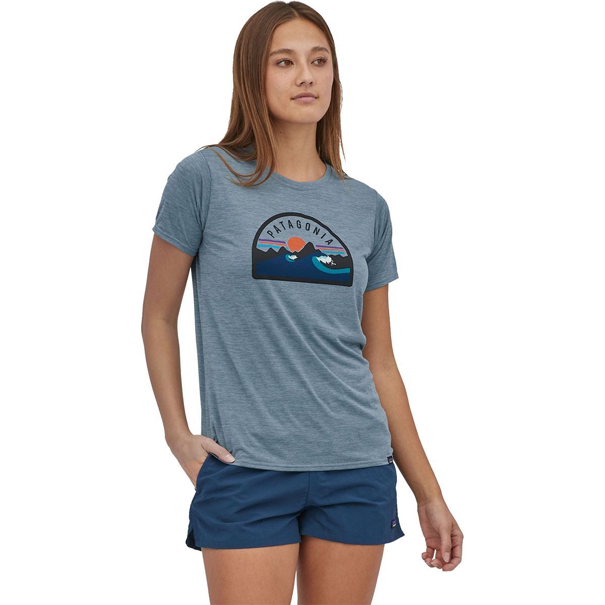 Patagonia Capilene Cool Daily Graphic Short-Sleeve Shirt - Women's Boardie Badge/Light Plume Grey X-Dye, XS