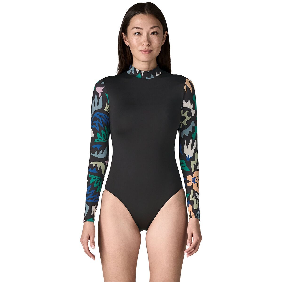 Image of Patagonia Swell Seeker Long-Sleeve One-Piece Swimsuit - Women's Kaleido Bloom/Black, XL