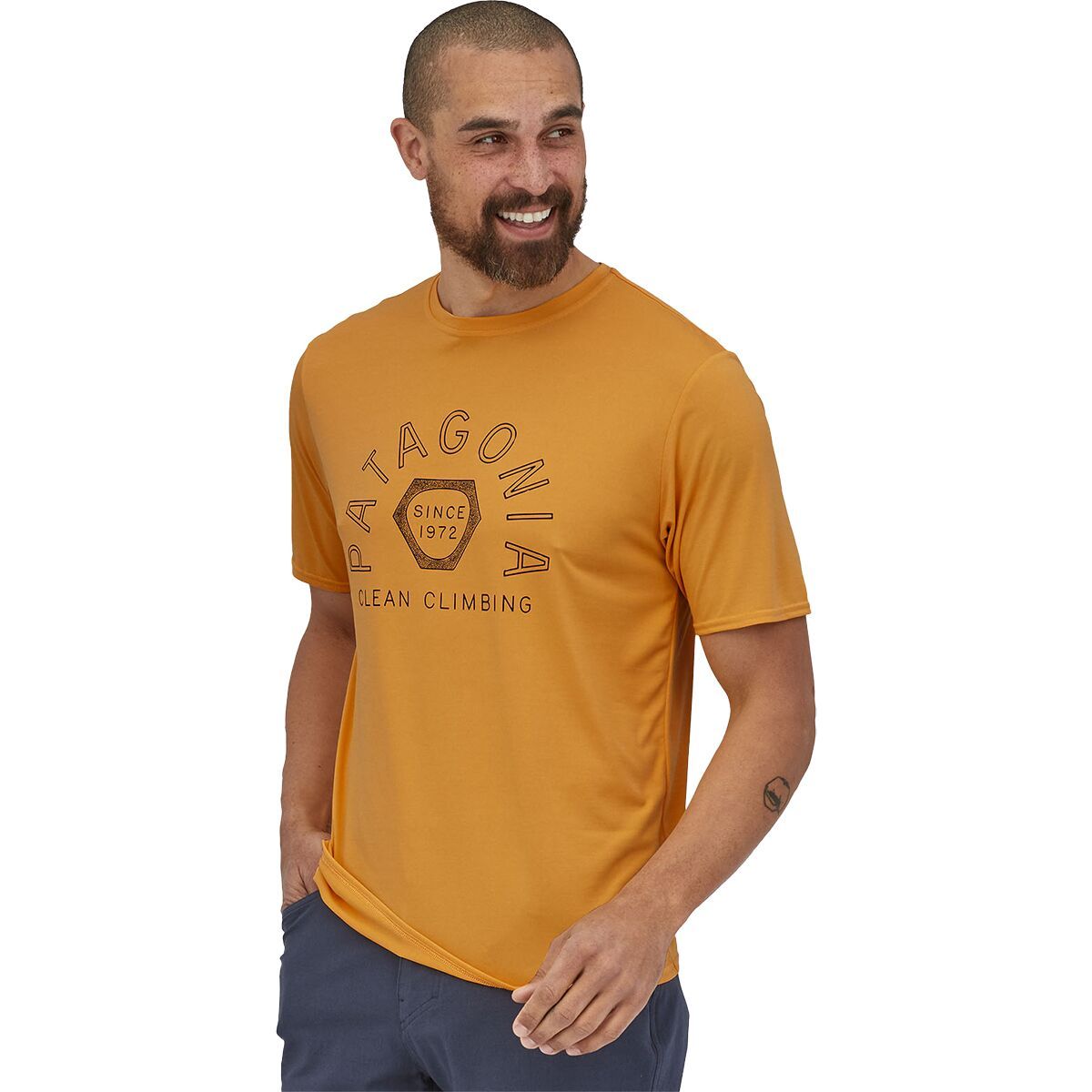 Patagonia Capilene Cool Daily Graphic Short-Sleeve Shirt - Men's Clean Climb Hex/Saffron X-Dye, S