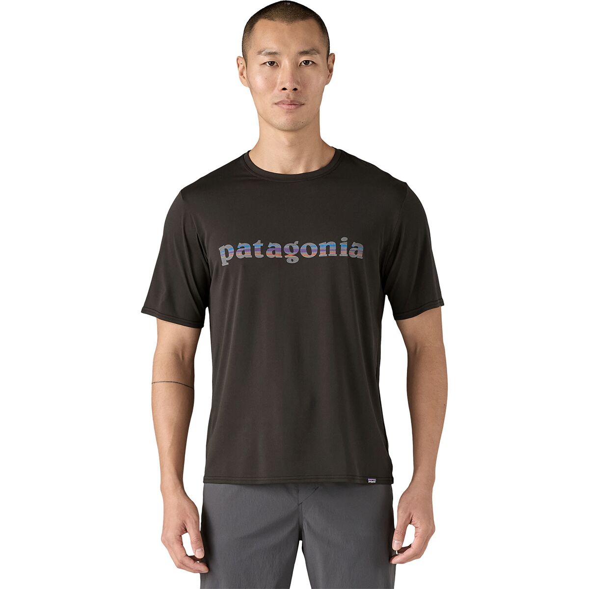 Image of Patagonia Capilene Cool Daily Graphic Short-Sleeve Shirt - Men's '73 Text Logo: Black, S