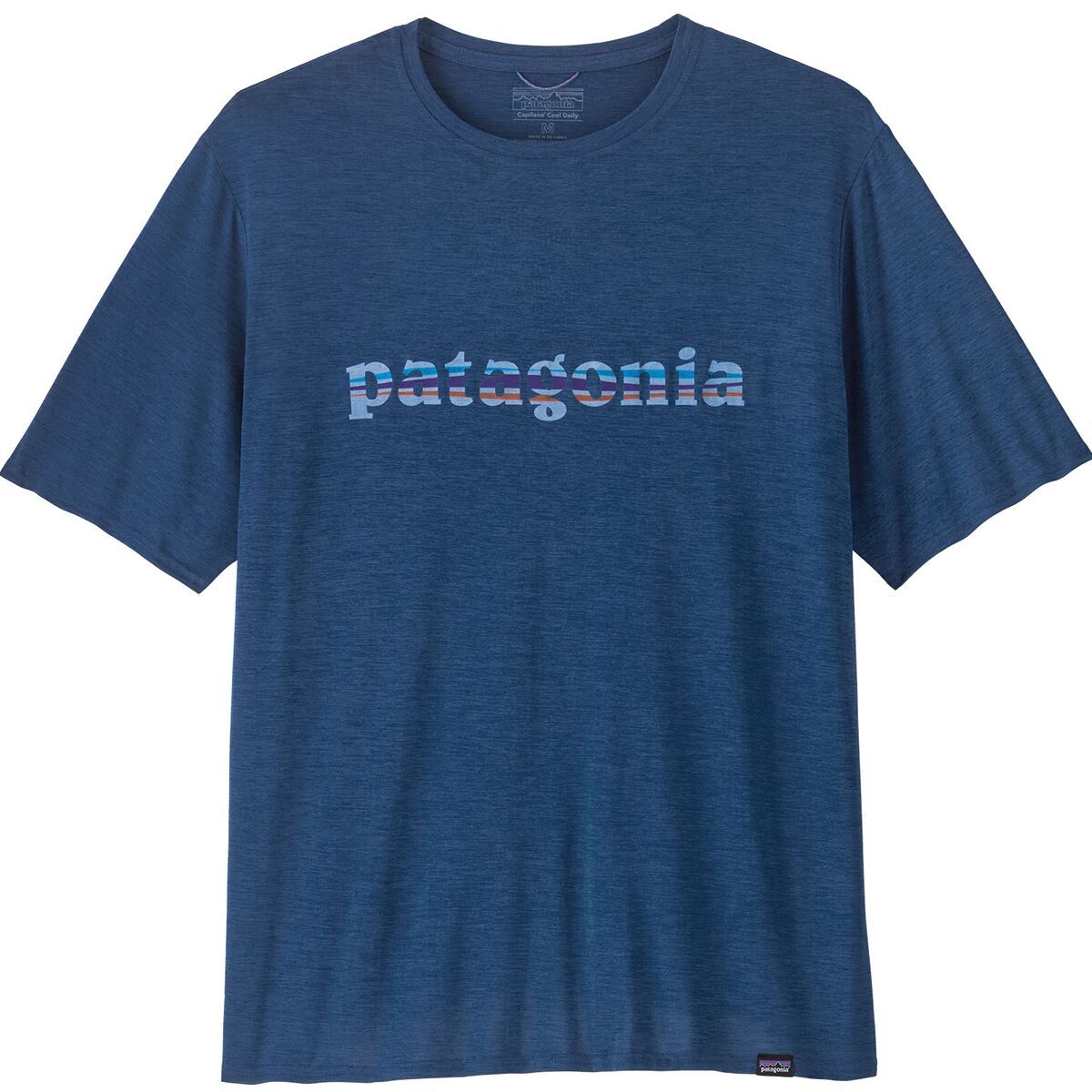Image of Patagonia Capilene Cool Daily Graphic Short-Sleeve Shirt - Men's '73 Text Logo: Clement Blue X-Dye, S