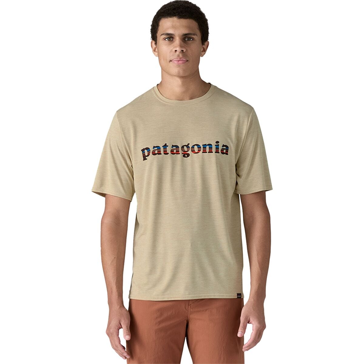 Image of Patagonia Capilene Cool Daily Graphic Short-Sleeve Shirt - Men's '73 Text Logo: Pumice X-Dye, L
