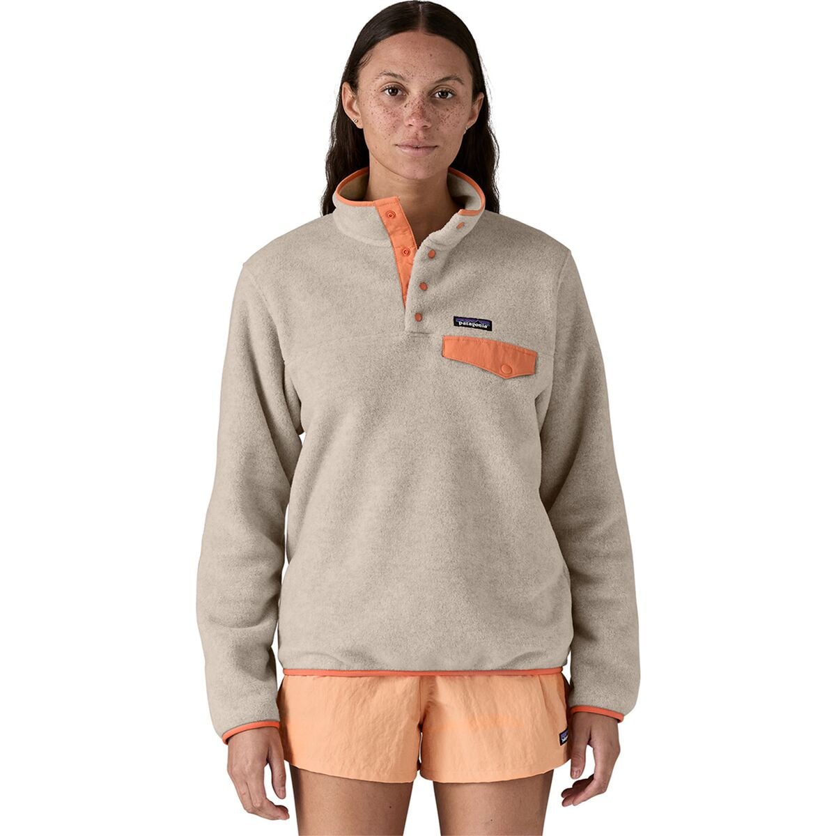 Image of Patagonia Synchilla Lightweight Snap-T Fleece Pullover - Women's Oatmeal Heather/Heirloom Peach, XXL