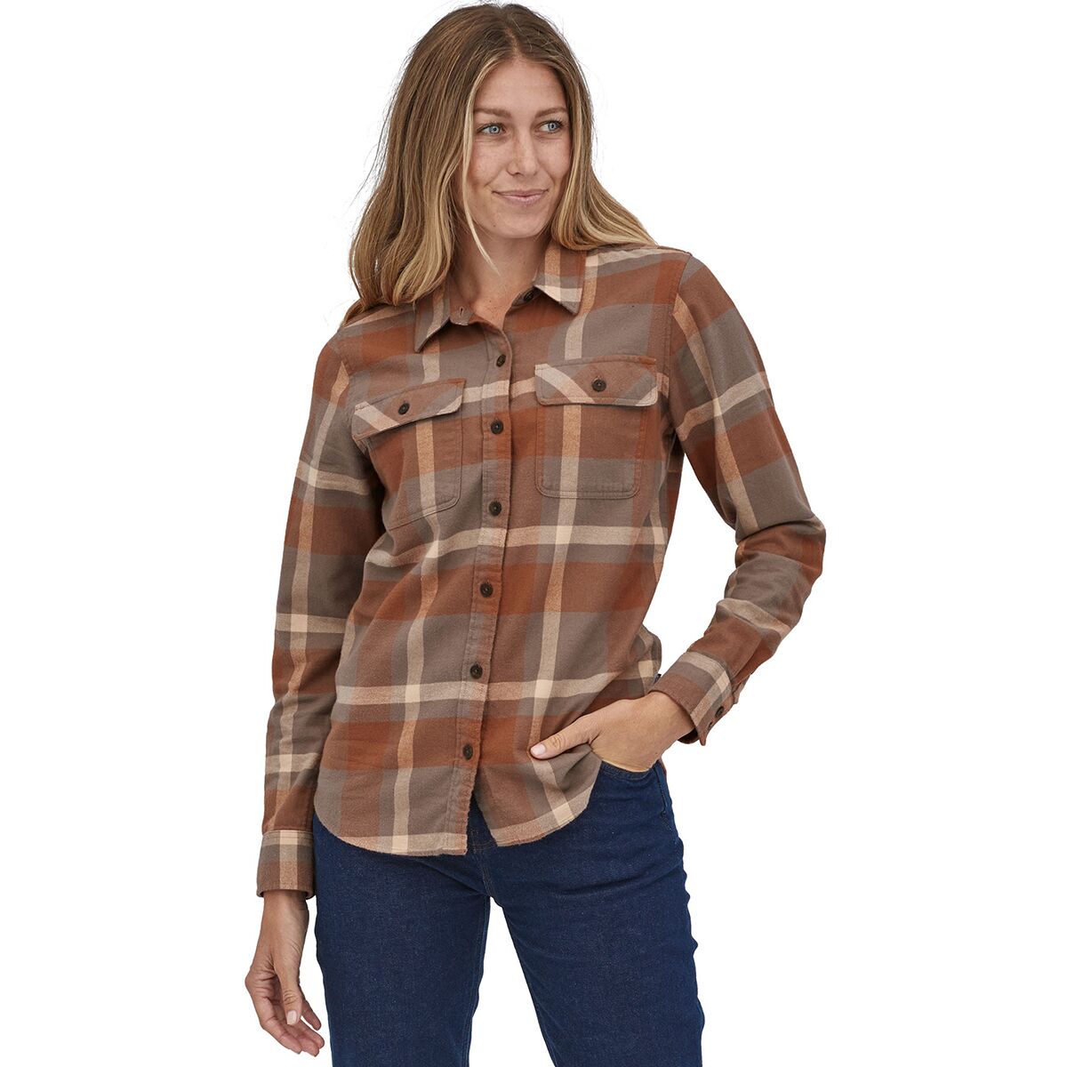 Patagonia Women's Long-Sleeved Organic Cotton Midweight Fjord Flannel Shirt Comstock: Dusky Brown / XXL
