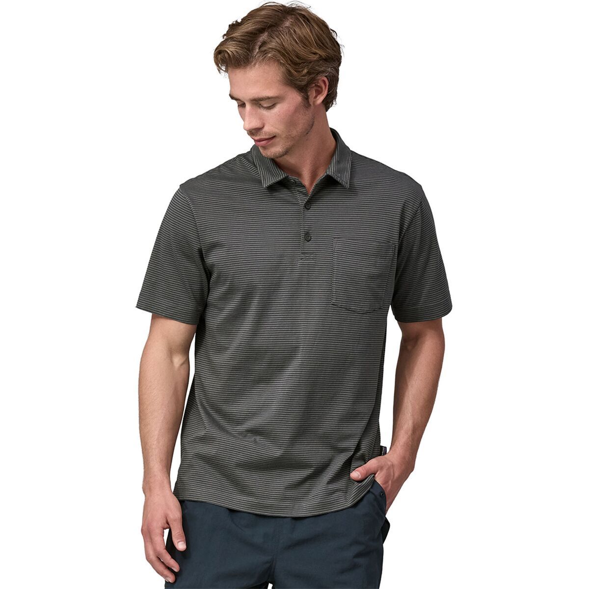 Image of Patagonia Organic Cotton Lightweight Polo - Men's Fathom Stripe: Forge Grey, XXL