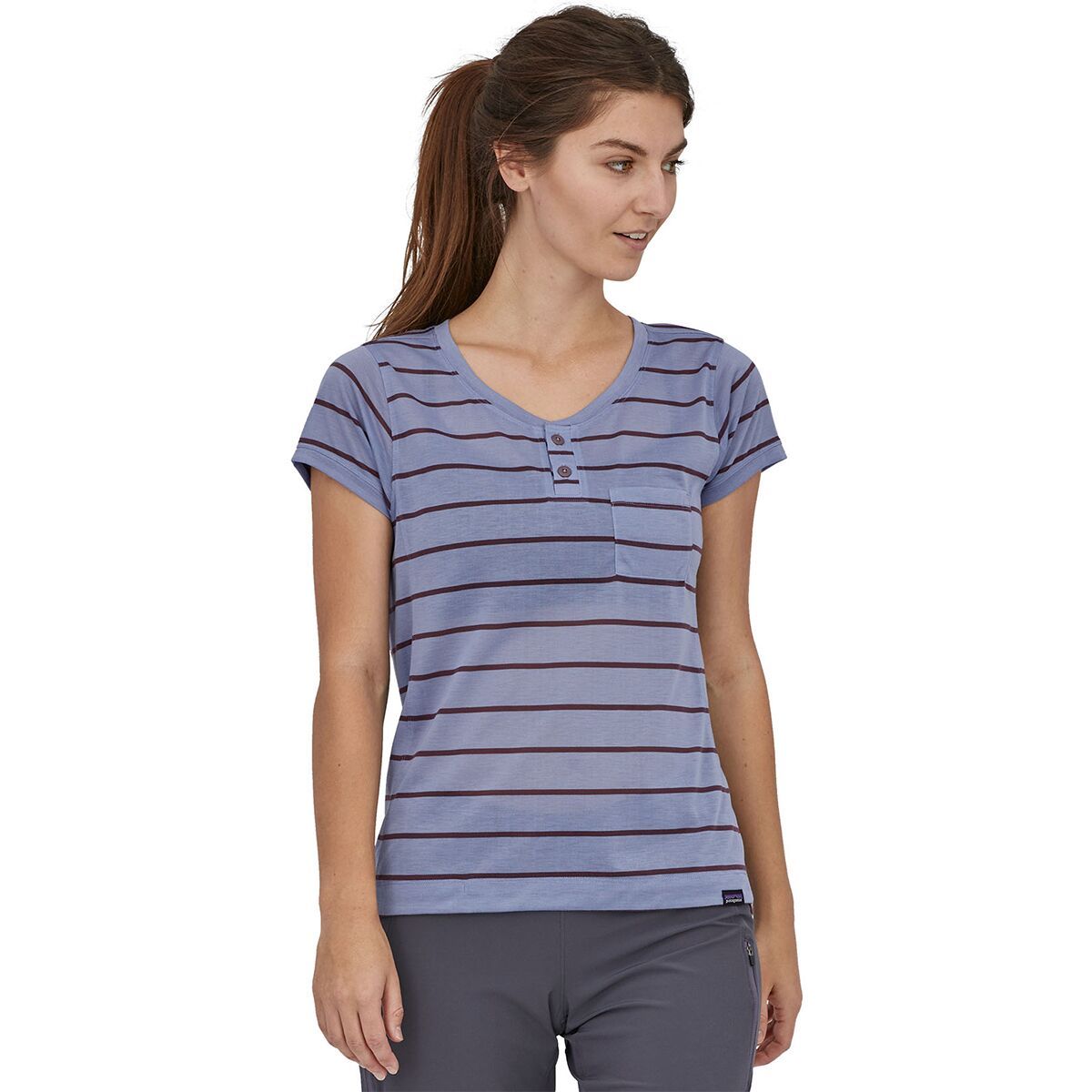 Image of Patagonia Capilene Cool Trail Bike Henley - Women's Furrow Stripe/Light Current Blue, M
