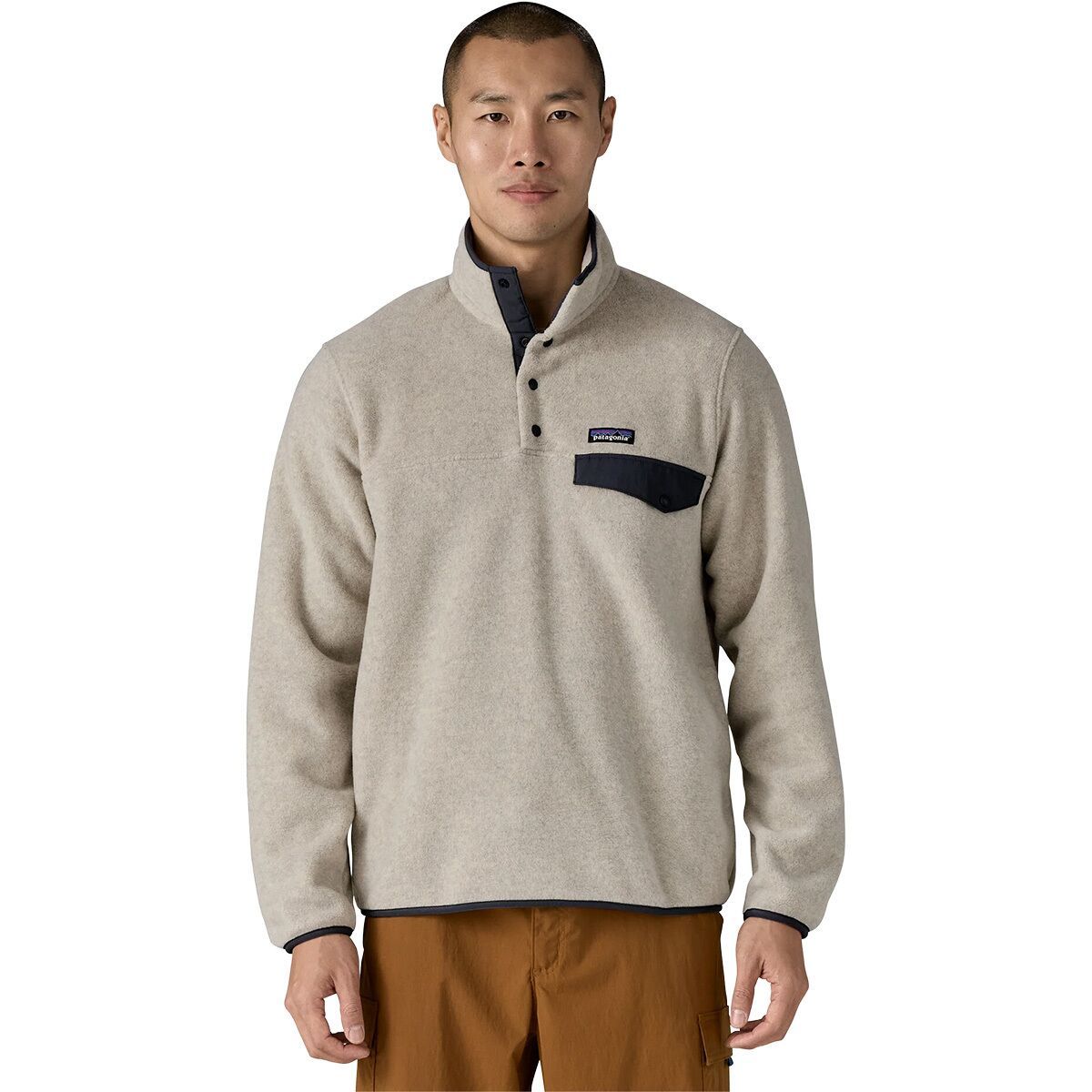 Image of Patagonia Lightweight Synchilla Snap-T Fleece Pullover - Men's Oatmeal Heather w/Smolder Blue, M