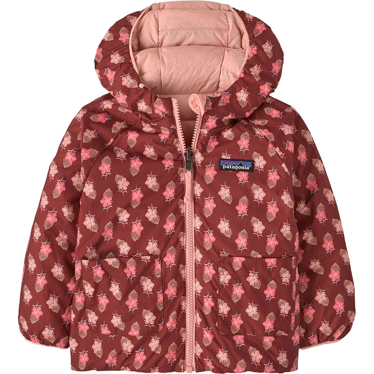 Image of Patagonia Reversible Down Sweater Hoodie - Infants' Snow Ditsy/Rusty Red, 18M