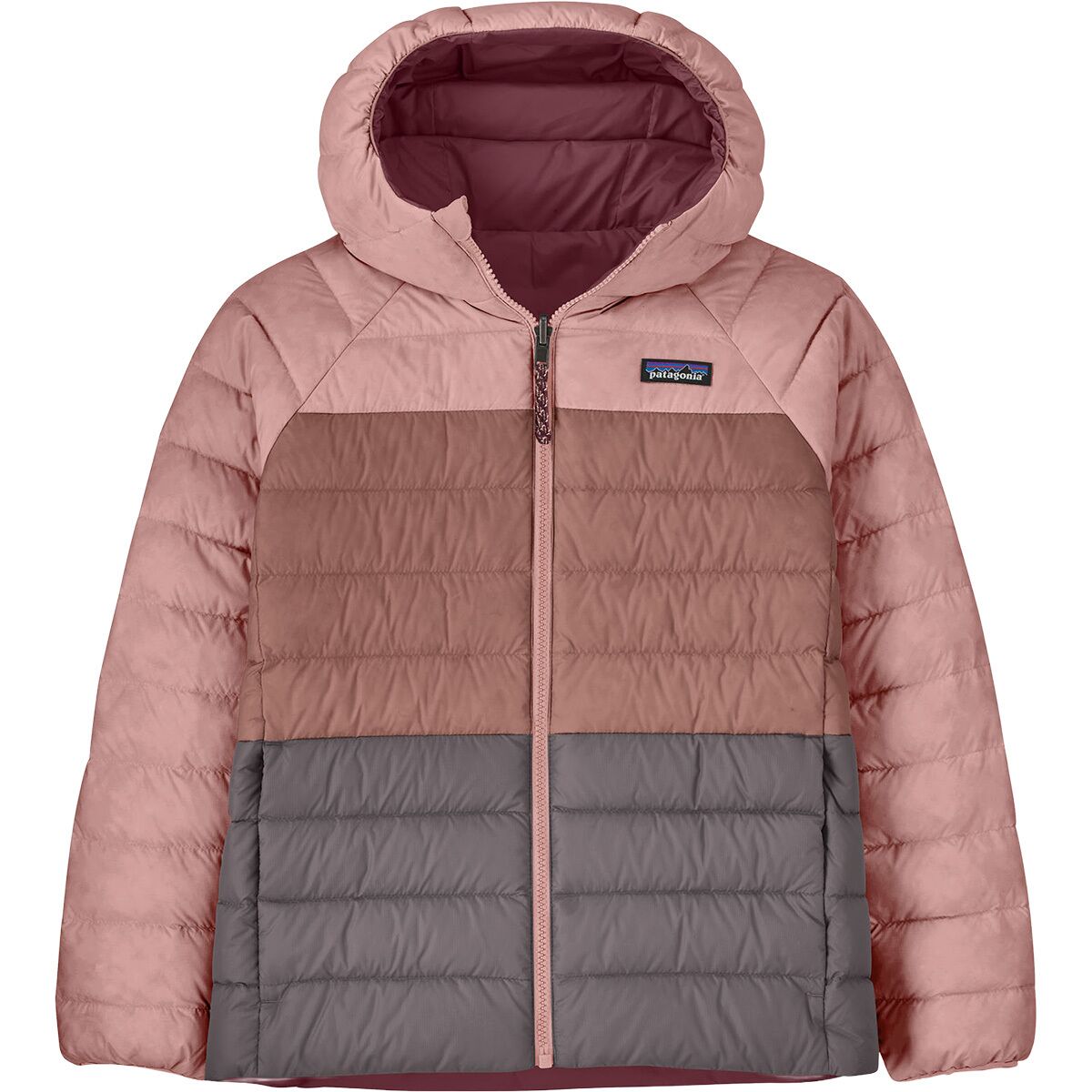 Image of Patagonia Reversible Down Sweater Hoodie - Kids' Fuzzy Mauve, S
