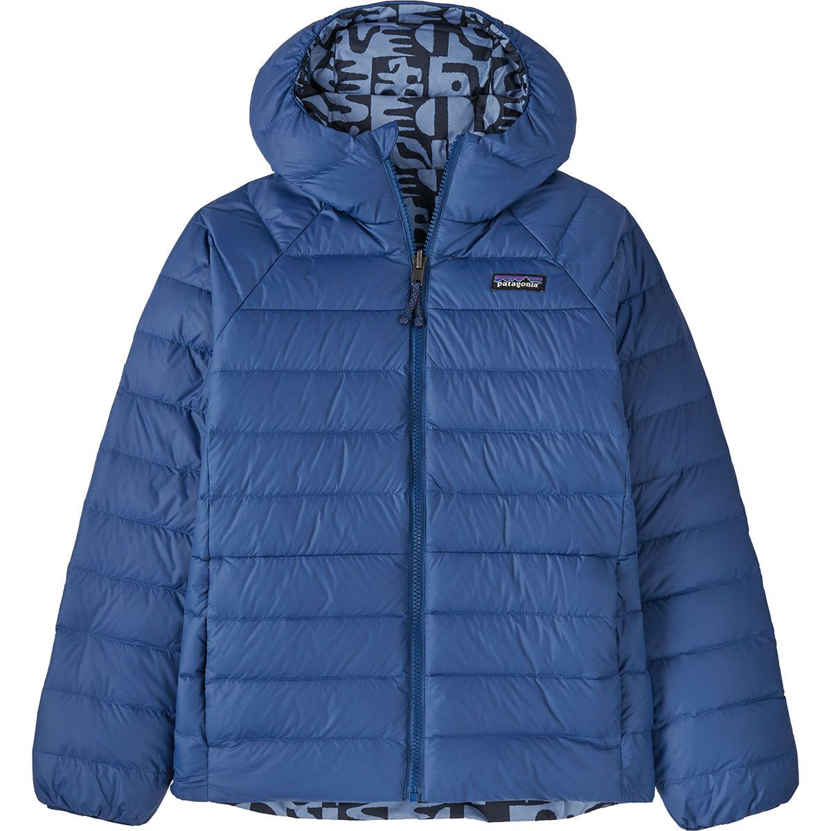 Image of Patagonia Reversible Down Sweater Hoodie - Kids' Mother Tree: Sunken Blue, S