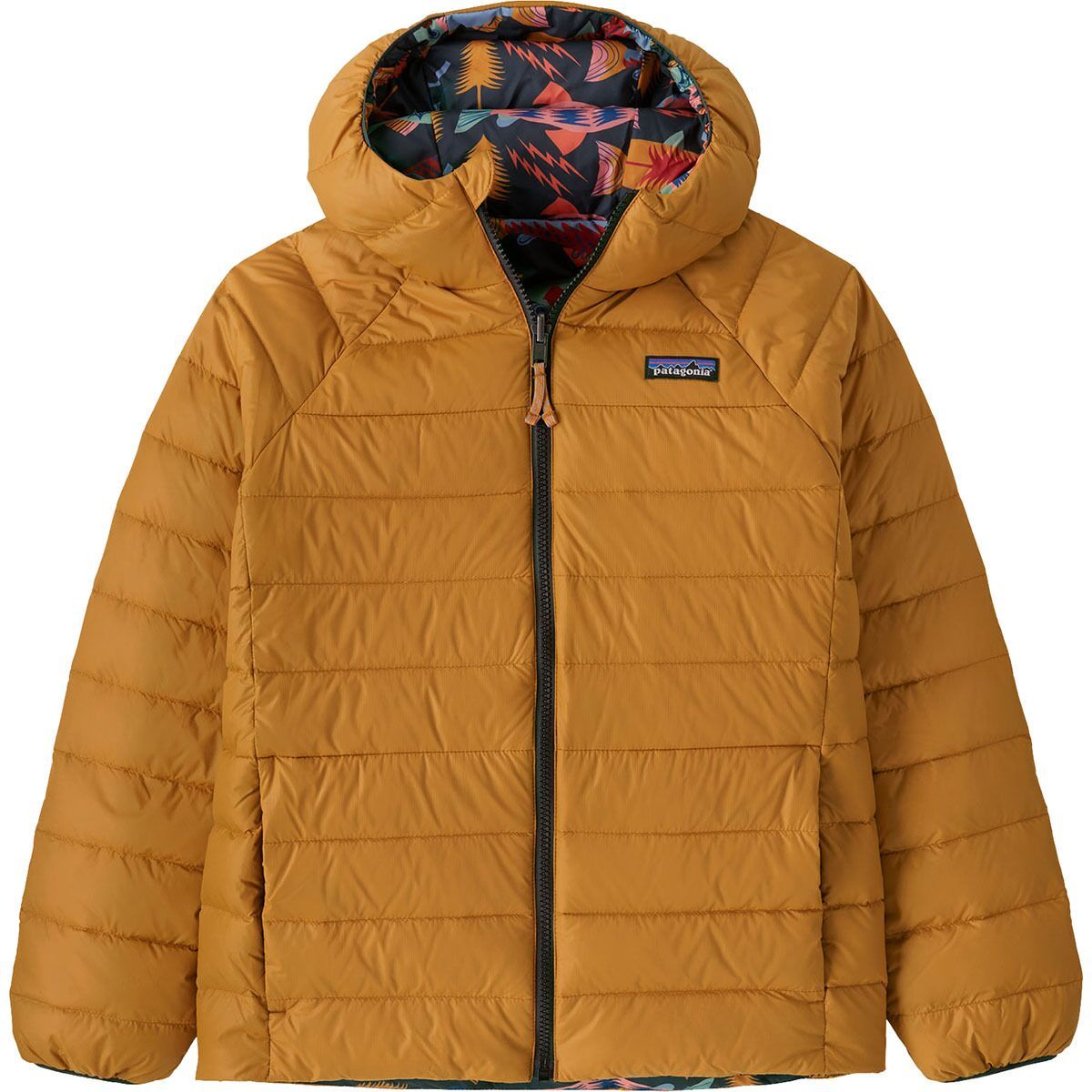Image of Patagonia Reversible Down Sweater Hoodie - Kids' Salmon Energy: Ink Black, XL