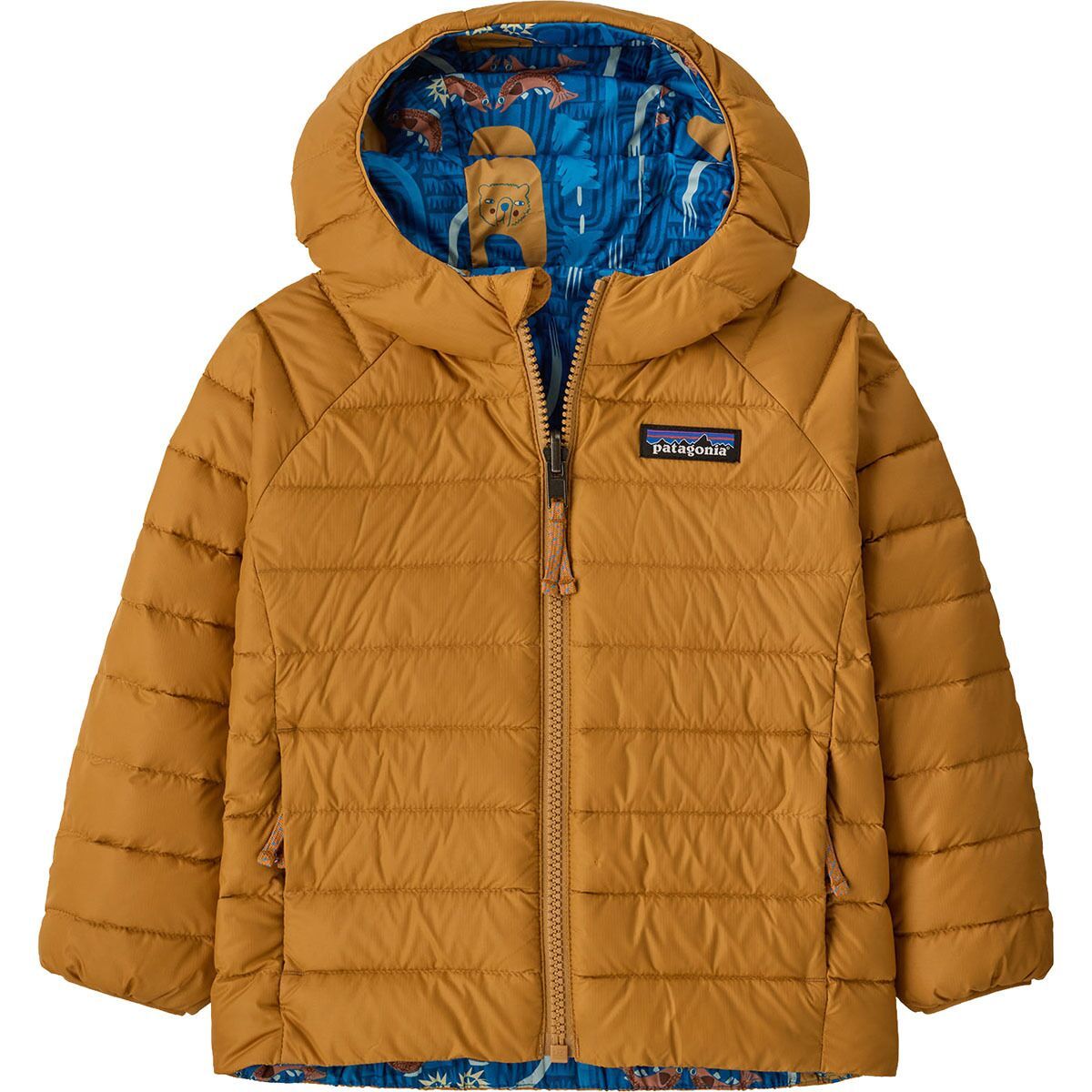 Image of Patagonia Reversible Down Sweater Hoodie - Toddlers' About a Fish: Uplift Blue, 3T