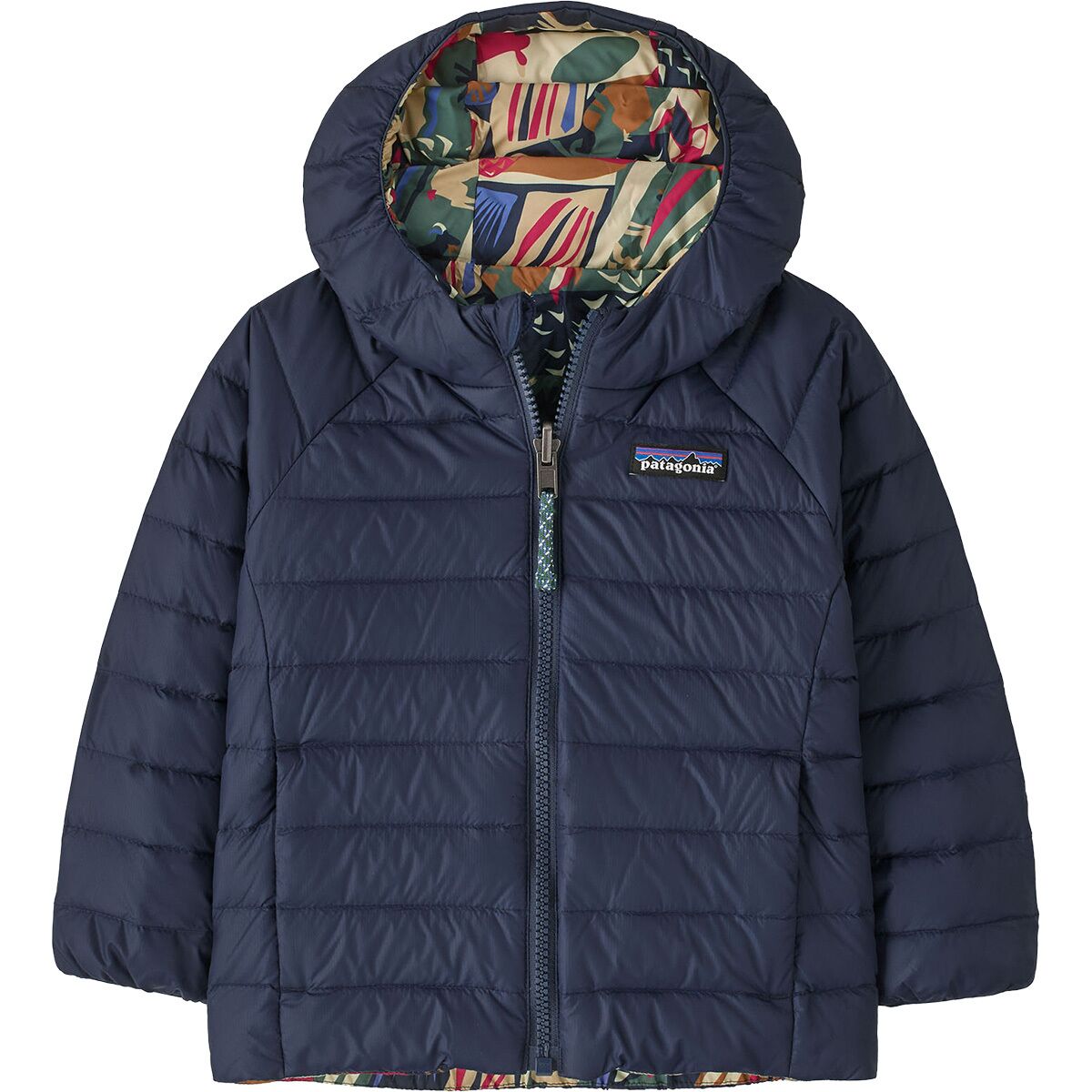 Image of Patagonia Reversible Down Sweater Hoodie - Toddlers' Let's Chat/New Navy, 3T