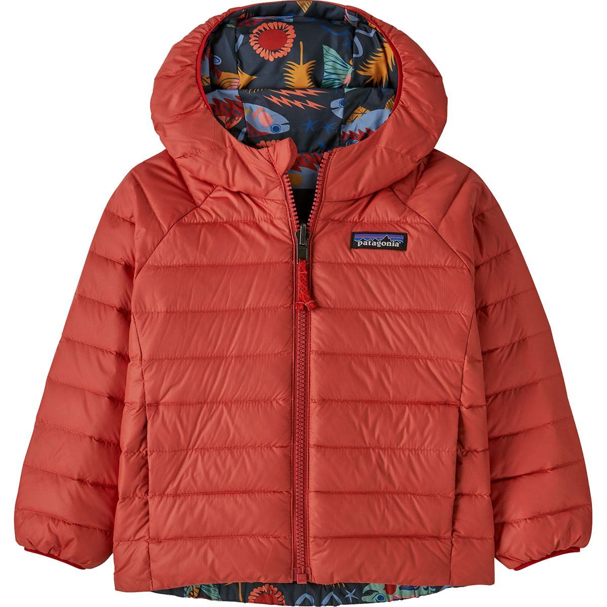 Image of Patagonia Reversible Down Sweater Hoodie - Toddlers' Salmon Energy: Ink Black, 5T