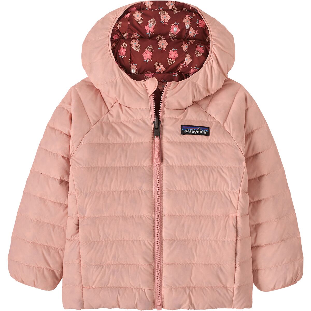 Image of Patagonia Reversible Down Sweater Hoodie - Toddlers' Snow Ditsy/Rusty Red, 2T