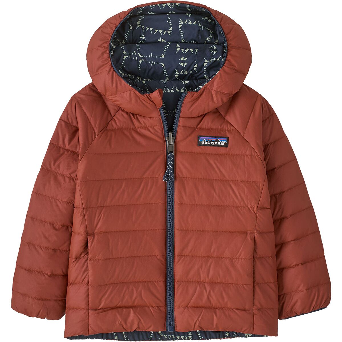 Image of Patagonia Reversible Down Sweater Hoodie - Toddlers' Snowshoe Hare/New Navy, 4T
