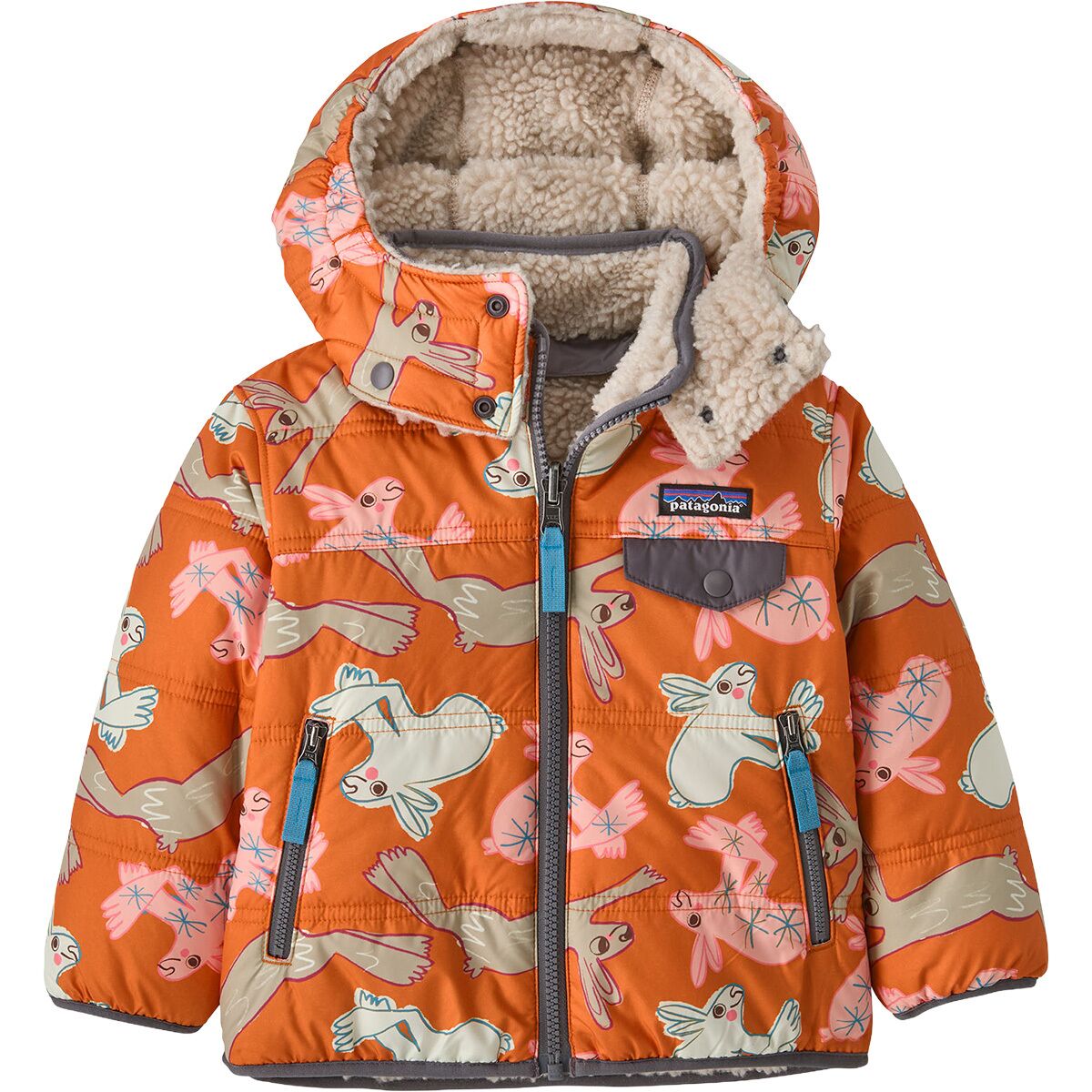 Image of Patagonia Reversible Tribbles Hooded Jacket - Toddlers' Bunny Life/Marigold, 4T