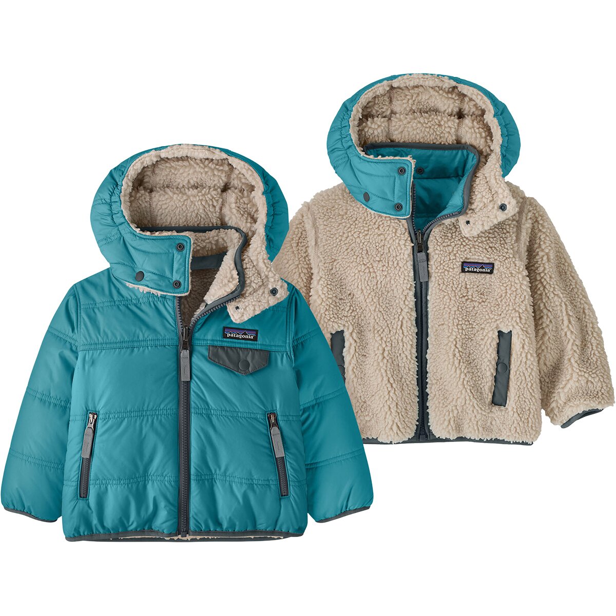 Image of Patagonia Reversible Tribbles Hooded Jacket - Toddlers' Mako Blue, 3T