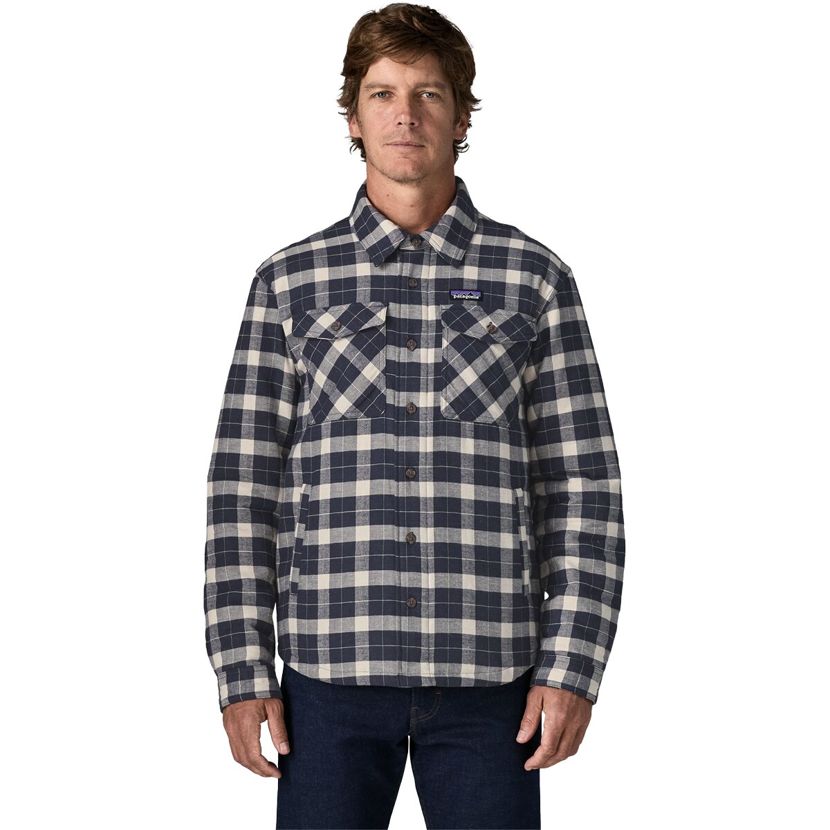 Image of Patagonia Lightweight Insulated Fjord Flannel Shirt - Men's Evergreen Fjord/Smolder Blue, M