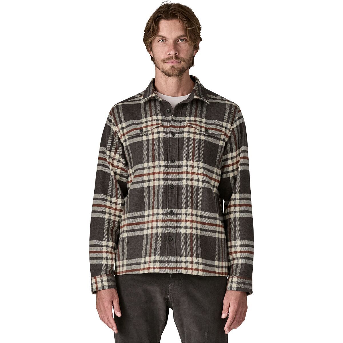 Image of Patagonia Organic Cotton MW Long-Sleeve Fjord Flannel Shirt - Men's Catch: Ink Black, XL
