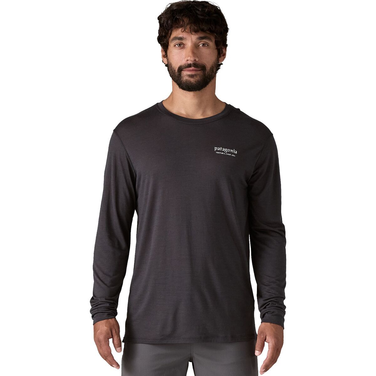 Image of Patagonia Cap Cool Merino Blend Graphic Long-Sleeve Shirt - Men's Heritage Header: Black, S