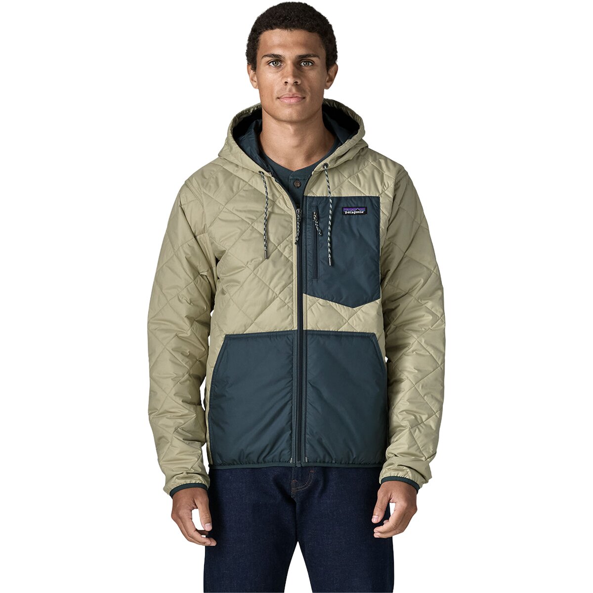 Image of Patagonia Diamond Quilted Bomber Hooded Jacket - Men's Weathered Stone w/Summit Blue, L
