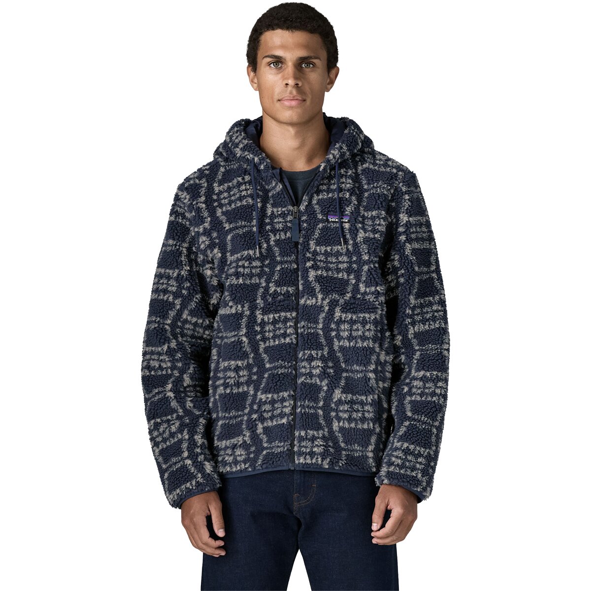 Image of Patagonia Retro-X Hooded Jacket - Men's Snowshoe Hare/New Navy, M