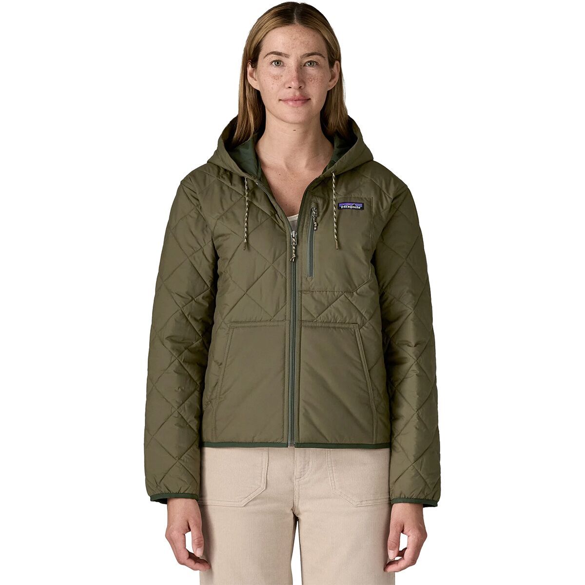 Image of Patagonia Diamond Quilted Bomber Hooded Jacket - Women's Basin Green, XS