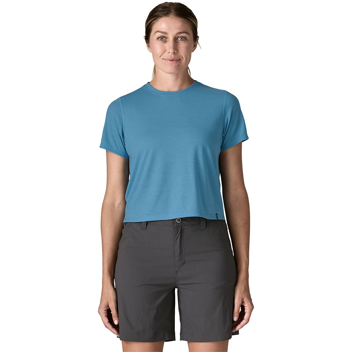 Image of Patagonia Short-Sleeve Capilene Cool Trail Cropped Shirt - Women's Shore Blue, XL