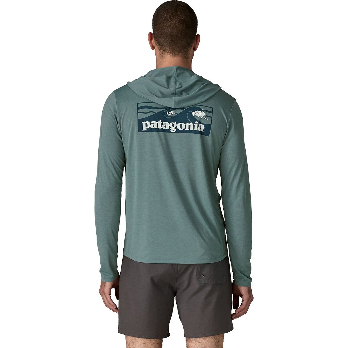 Image of Patagonia Capilene Cool Boardshort Logo Daily Hoodie - Men's Blue Sage/Light Blue Sage X-Dye, XXL