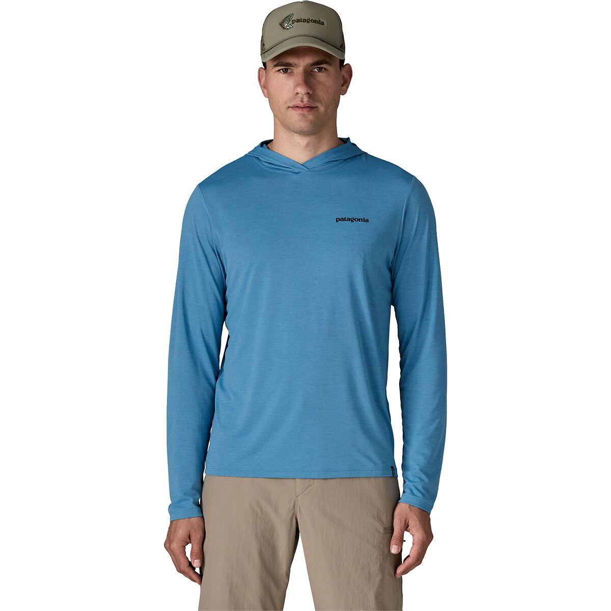 Image of Patagonia Capilene Cool Casting Logo Daily Hoodie - Men's Shore Blue/Light Shore Blue X-Dye, XXL