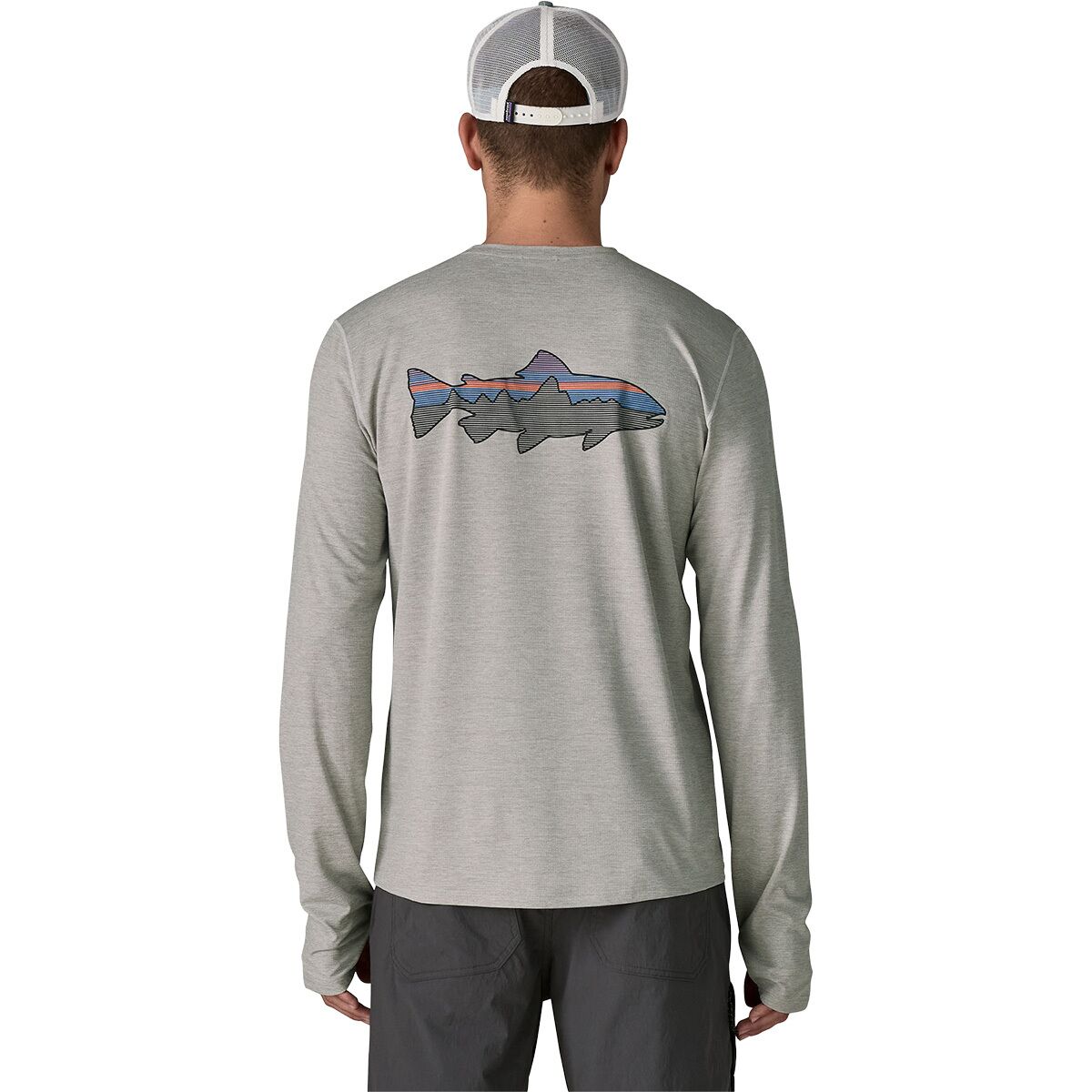 Image of Patagonia Capilene Cool Fitz Roy Trout Long-Sleeve Sun Shirt - Men's Crisp Grey/Salt Grey X-Dye, S
