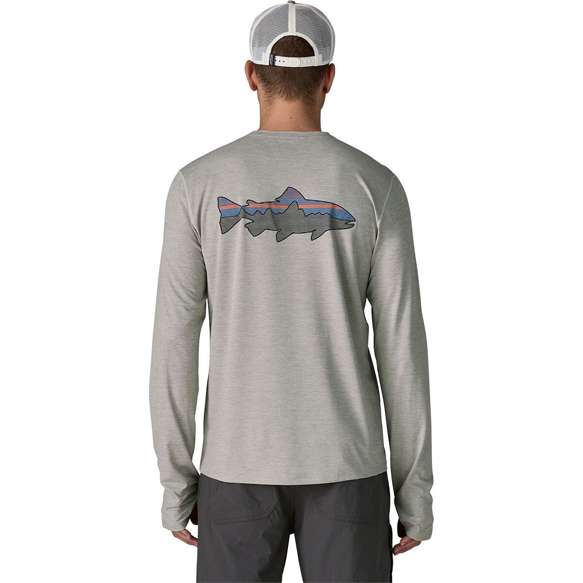 Image of Patagonia Capilene Cool Fitz Roy Trout Long-Sleeve Sun Shirt - Men's Crisp Grey/Salt Grey X-Dye, M
