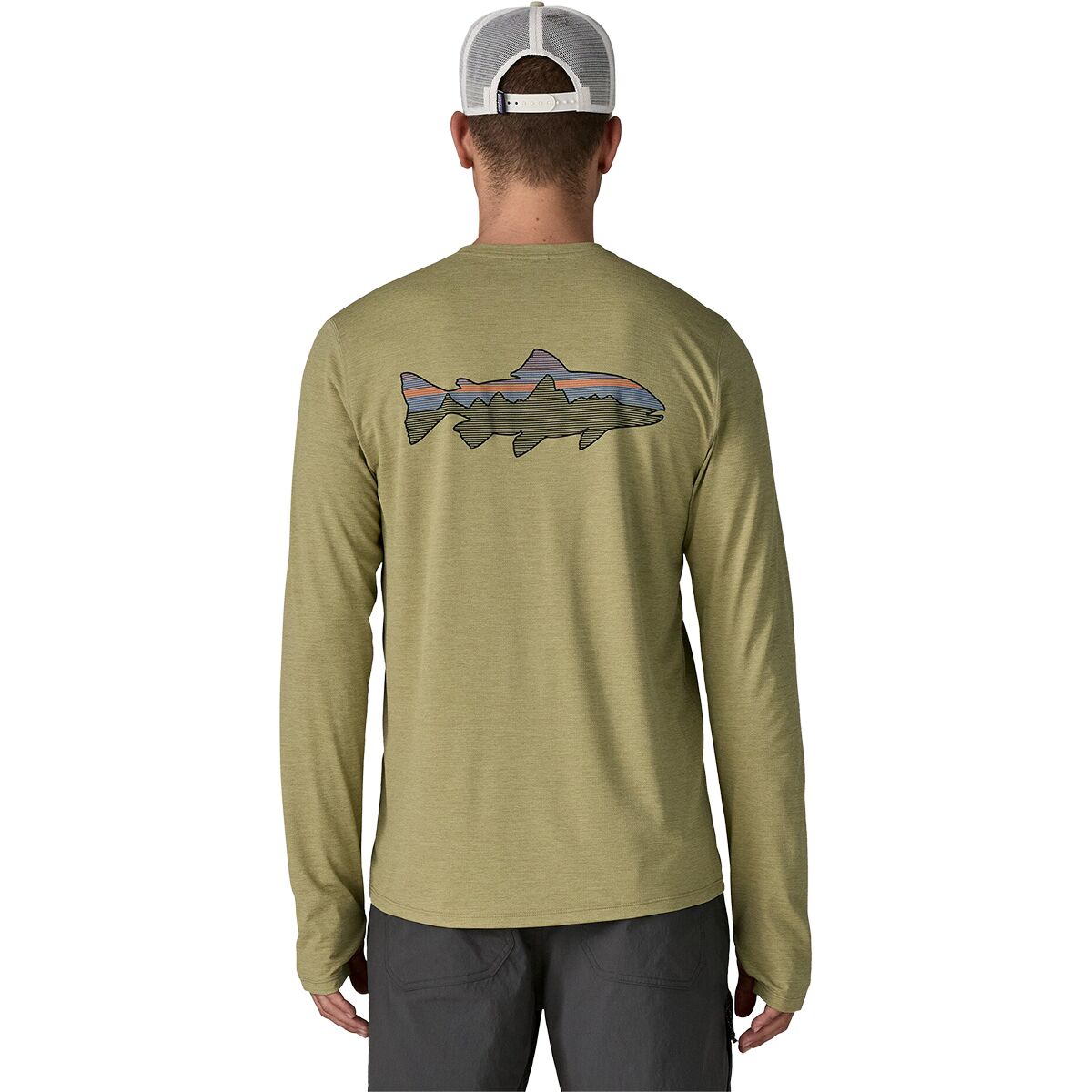 Image of Patagonia Capilene Cool Fitz Roy Trout Long-Sleeve Sun Shirt - Men's Gumtree Green/Light Gumtree Green X-Dye, L