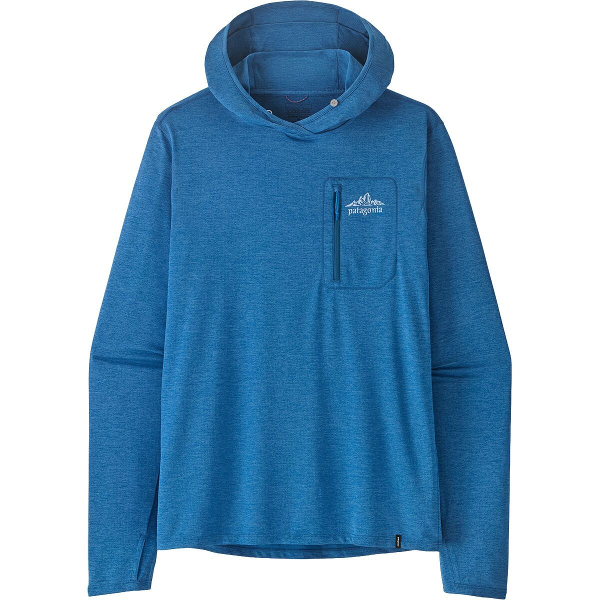 Image of Patagonia Cap Cool Sun Hoodie - Cloud Crag Crest - Men's Aquatic Blue/Light Aquatic Blue X-Dye, L