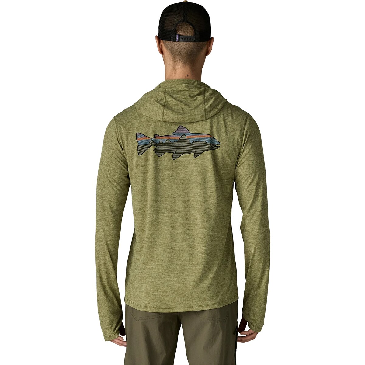 Image of Patagonia Capilene Cool Fitz Roy Trout Sun Hoodie - Men's Caper Green/Buckhorn Green X-Dye, XL