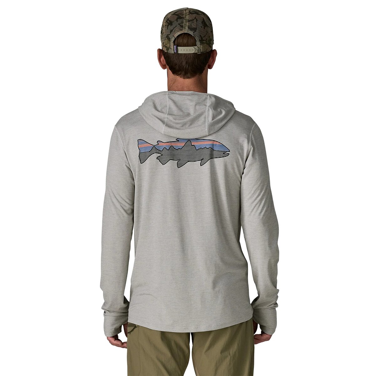Image of Patagonia Capilene Cool Fitz Roy Trout Sun Hoodie - Men's Crisp Grey/Salt Grey X-Dye, XL