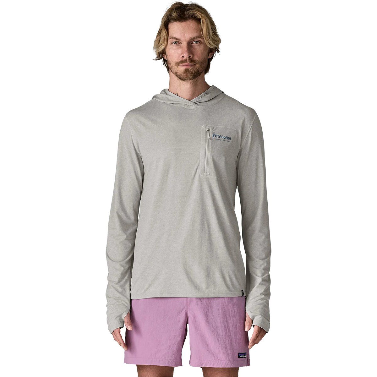 Image of Patagonia Capilene Cool Water People Banner Sun Hoodie - Men's Crisp Grey/Salt Grey X-Dye, L