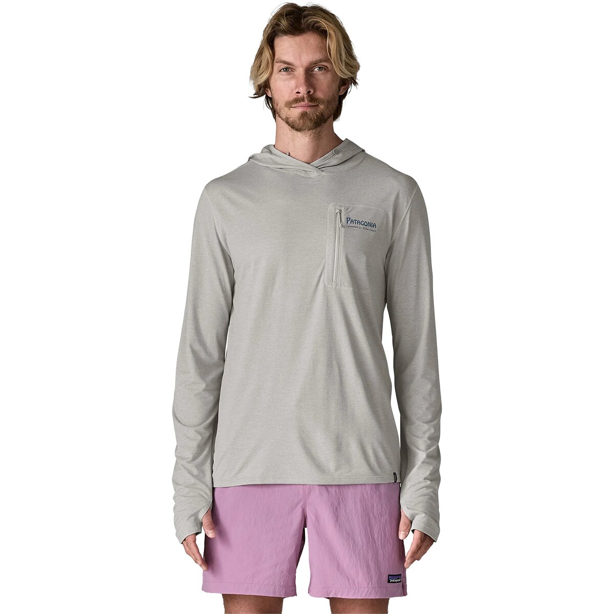 Image of Patagonia Capilene Cool Water People Banner Sun Hoodie - Men's Crisp Grey/Salt Grey X-Dye, XL