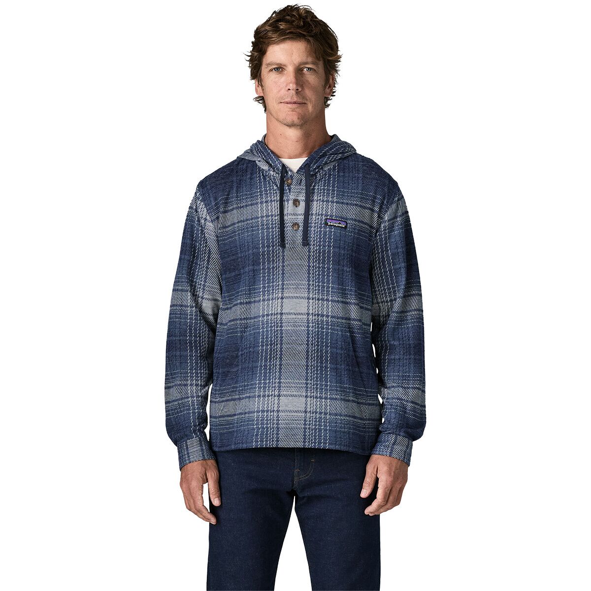 Image of Patagonia Stretch Fjord Flannel Pullover Hoodie - Men's Slopeside/New Navy, M