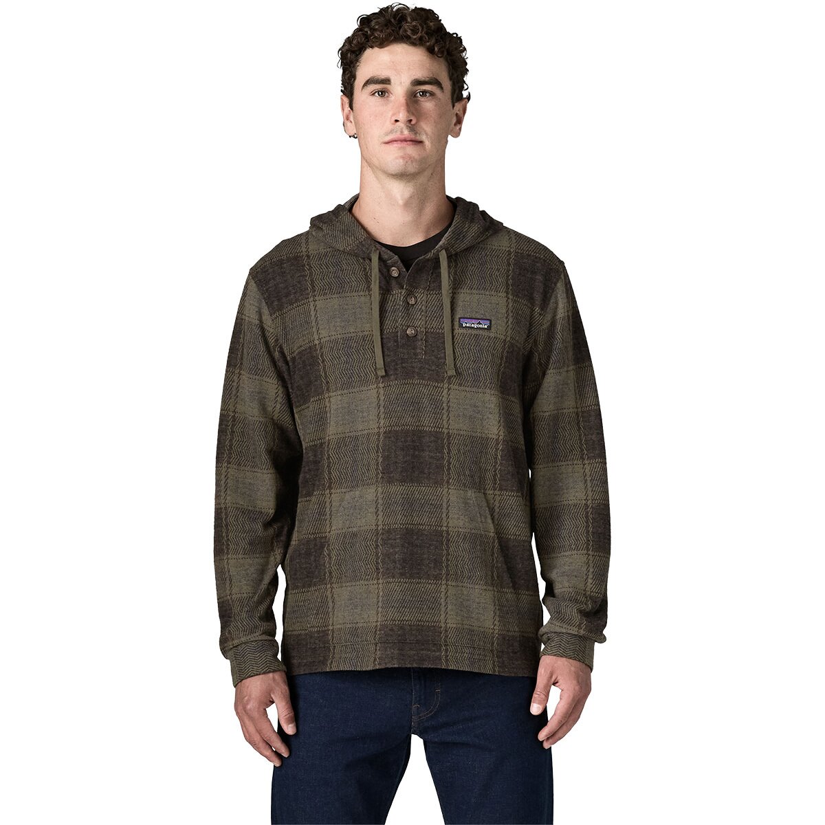 Image of Patagonia Stretch Fjord Flannel Pullover Hoodie - Men's Soft Check/Basin Green, L