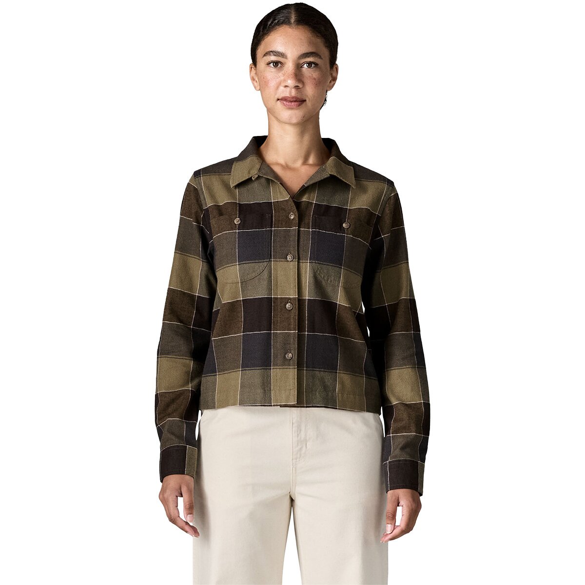 Image of Patagonia Lightweight Fjord Flannel Camp Shirt - Women's Snow Owl/Basin Green, XL