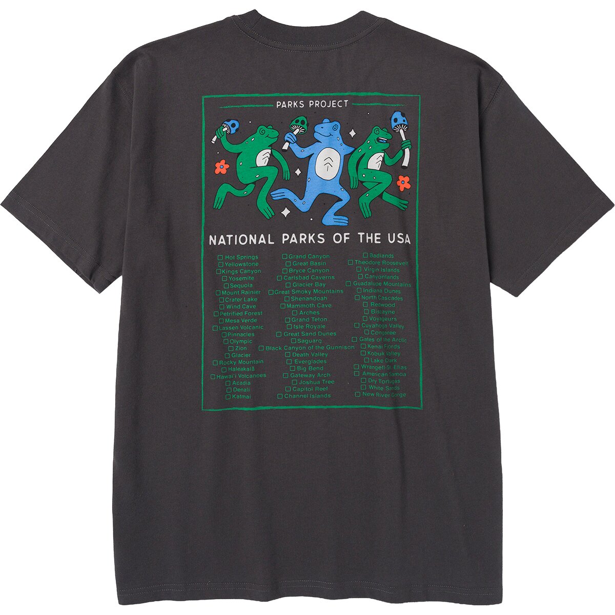 Image of Parks Project Great Outdoors Dancin' Frogs Checklist T-Shirt Vintage Black, XXL