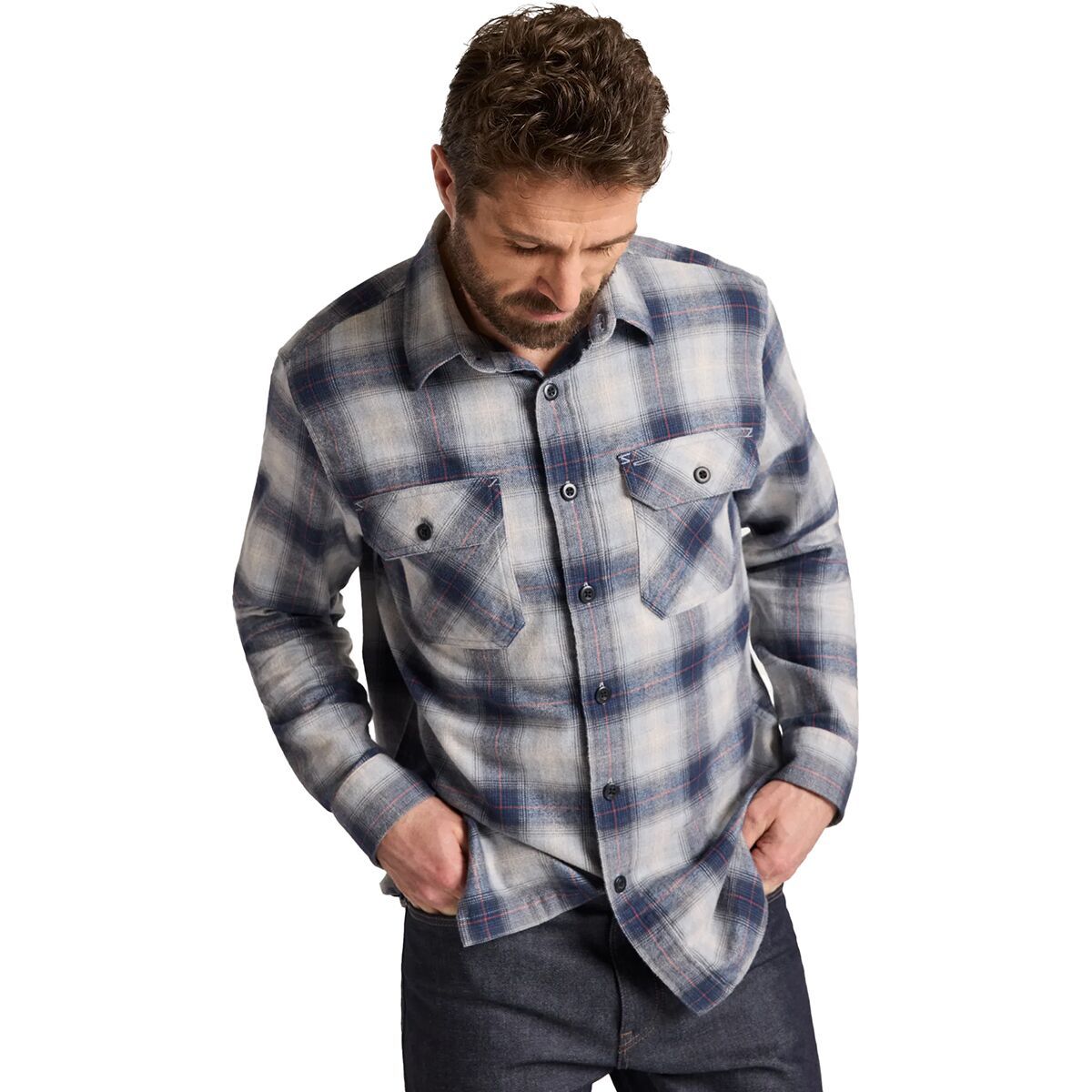Image of Pendleton Burnside Flannel Shirt - Men's Grey/Navy Plaid, S