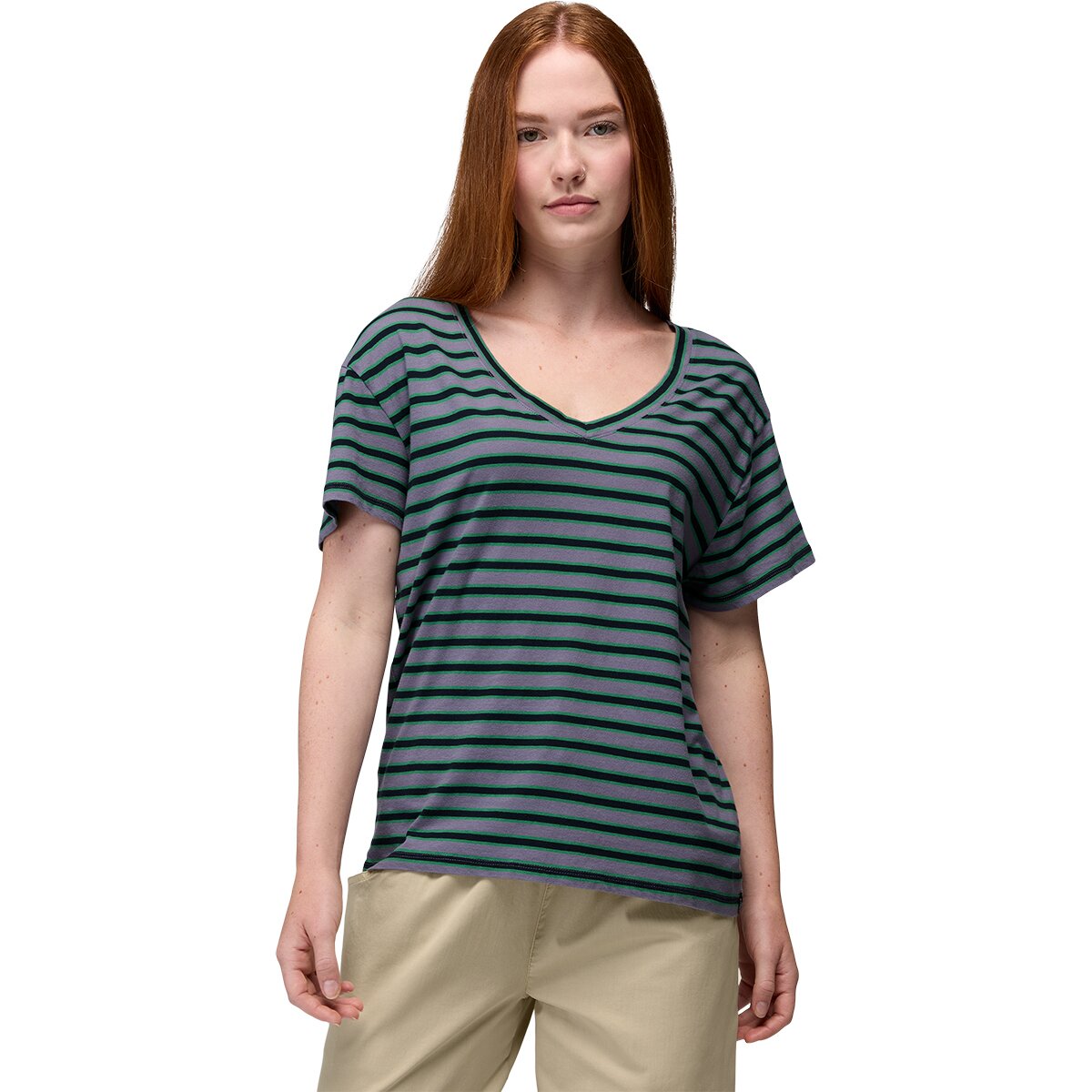 Image of prAna Everyday V-Neck T-Shirt - Women's Taro Stripe, M
