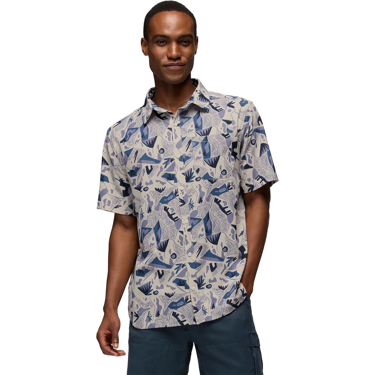 Image of prAna Hybridizer Short-Sleeve Shirt - Men's Beach Pebble Watershed, M