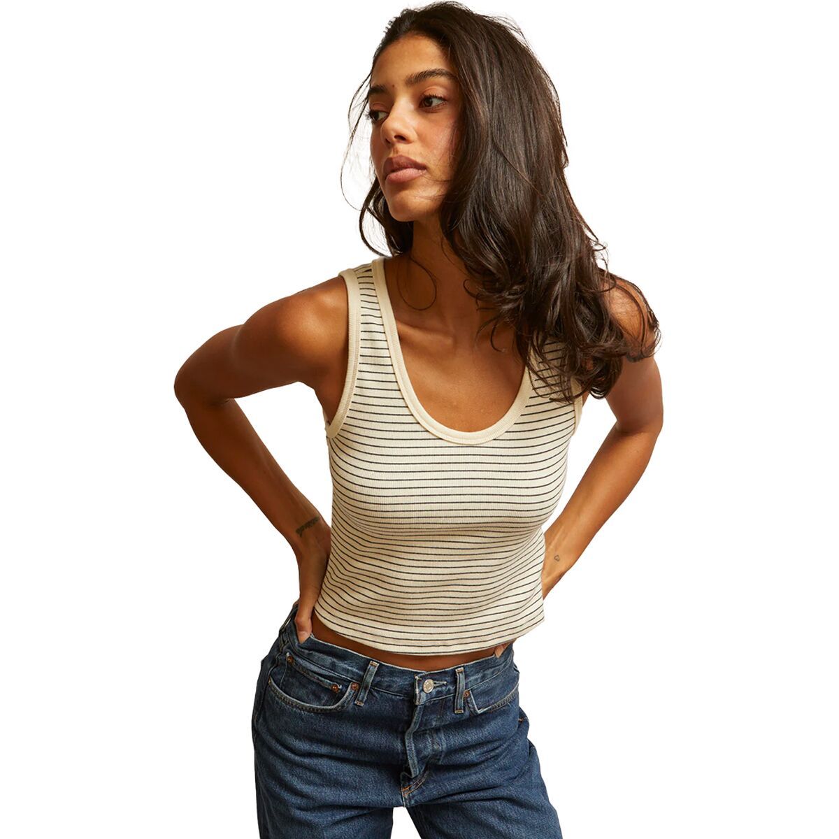 Image of perfectwhitetee Blondie Stripe Structured Rib Bra Friendly Tank - Women's Navy/Natural Stripe, XL