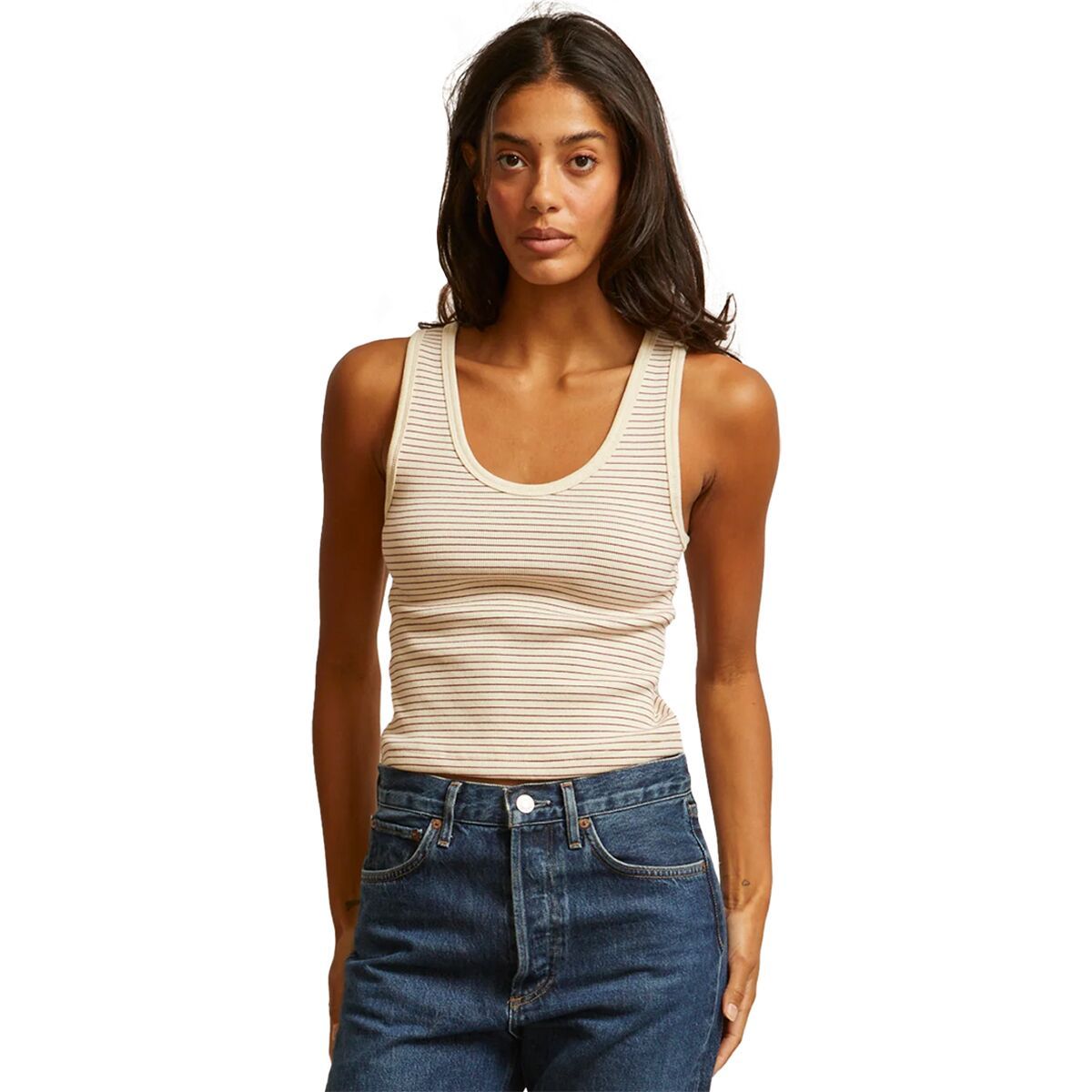 Image of perfectwhitetee Hendrix Structured Rib Bra Friendly Tank Top - Women's Red/Natural Stripe, M