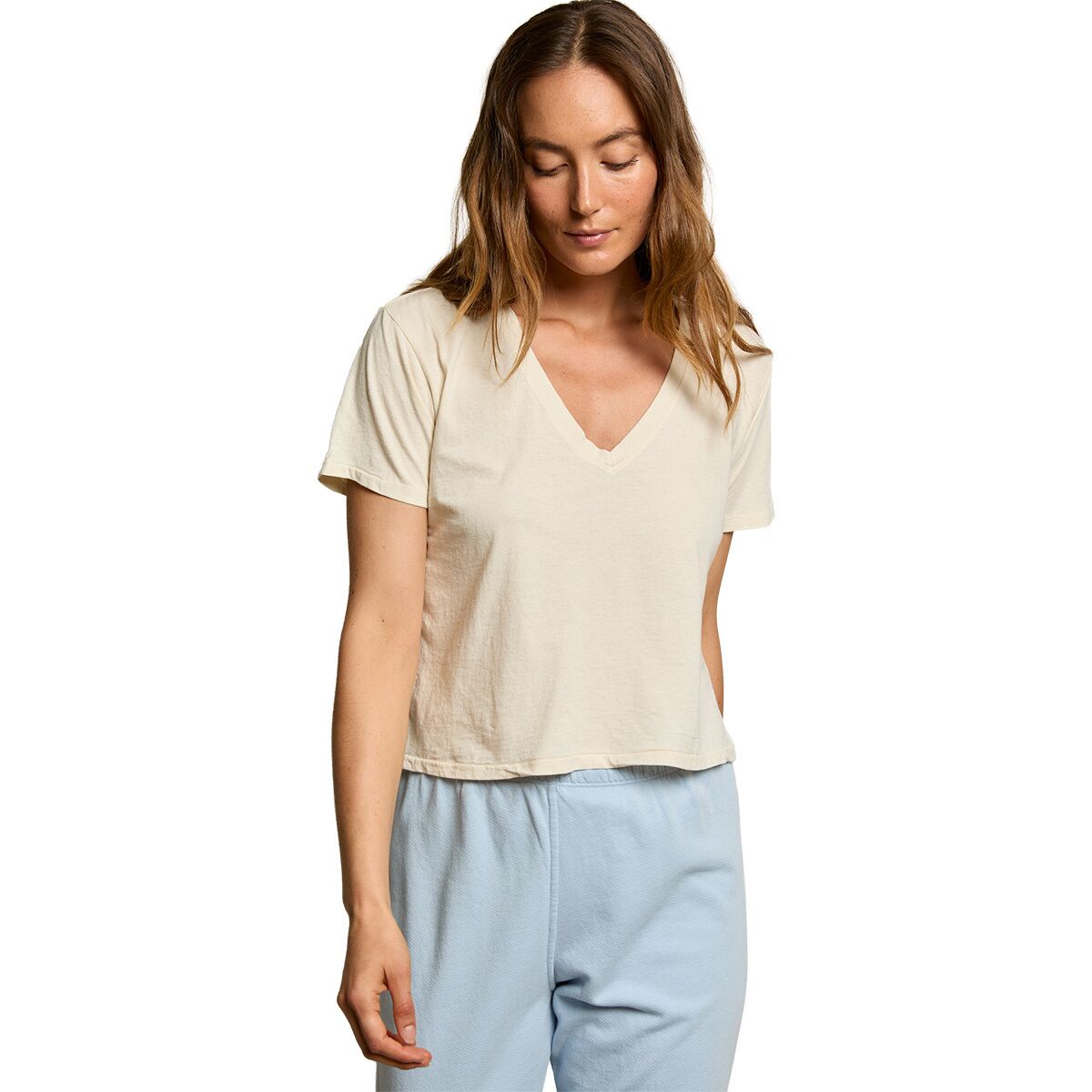Image of perfectwhitetee Beckett Cotton V Neck T-Shirt - Women's Sugar, S